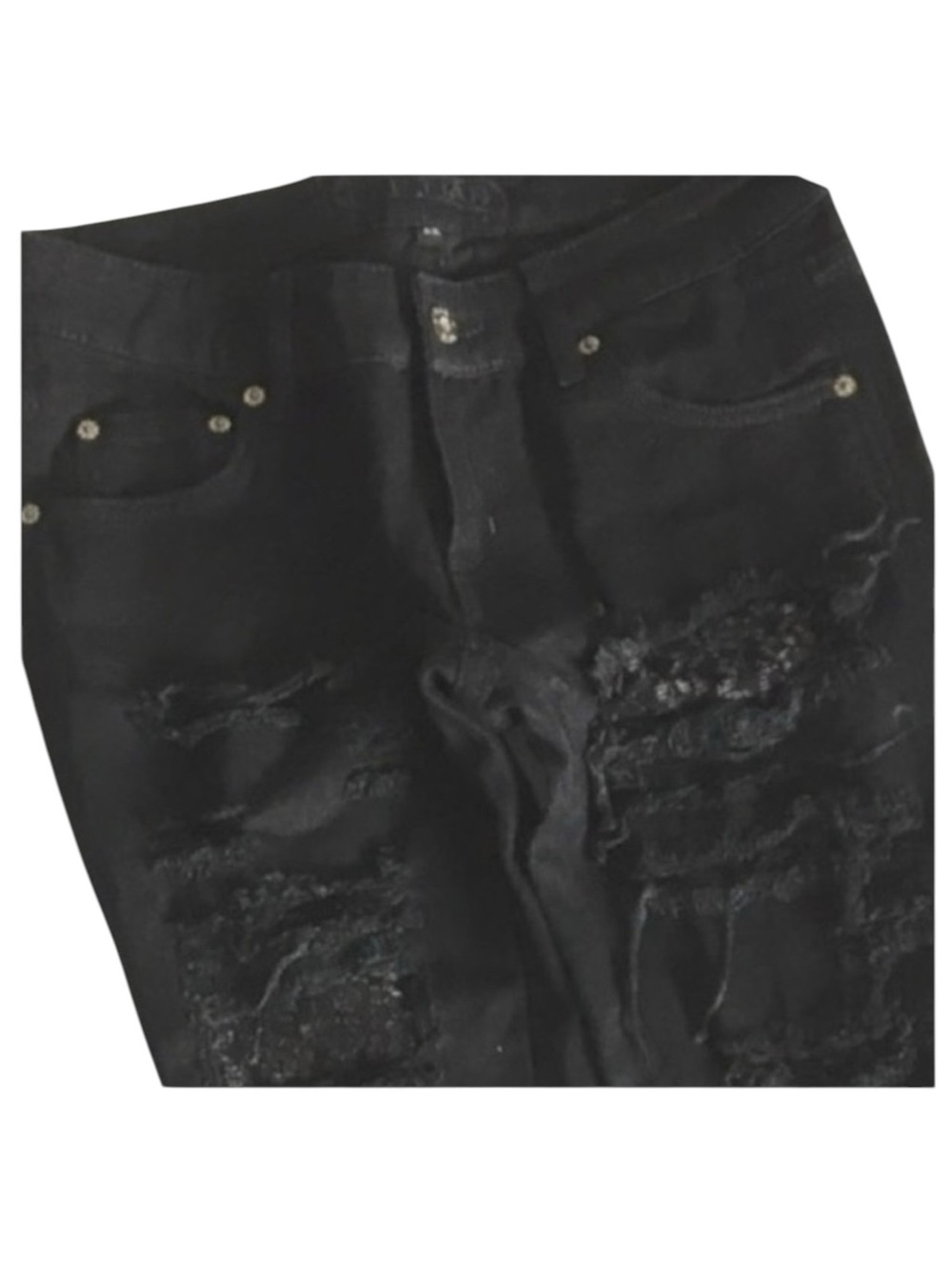 LF Carmar ❉ Skinny Shredded Rips Stretch Jeans ❉ Lace Patches ❉ Jet Black ❉ 25 ❉ - Picture 11 of 16